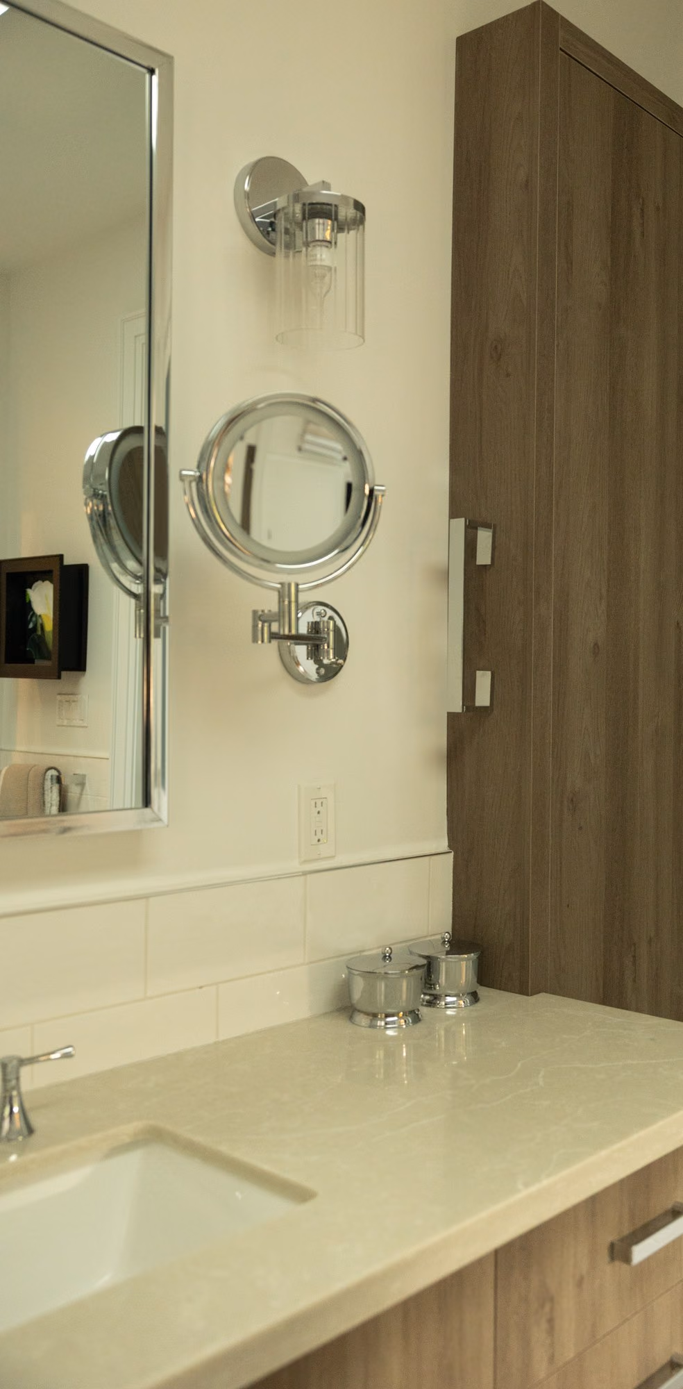 Bathroom vanity with magnifying mirror